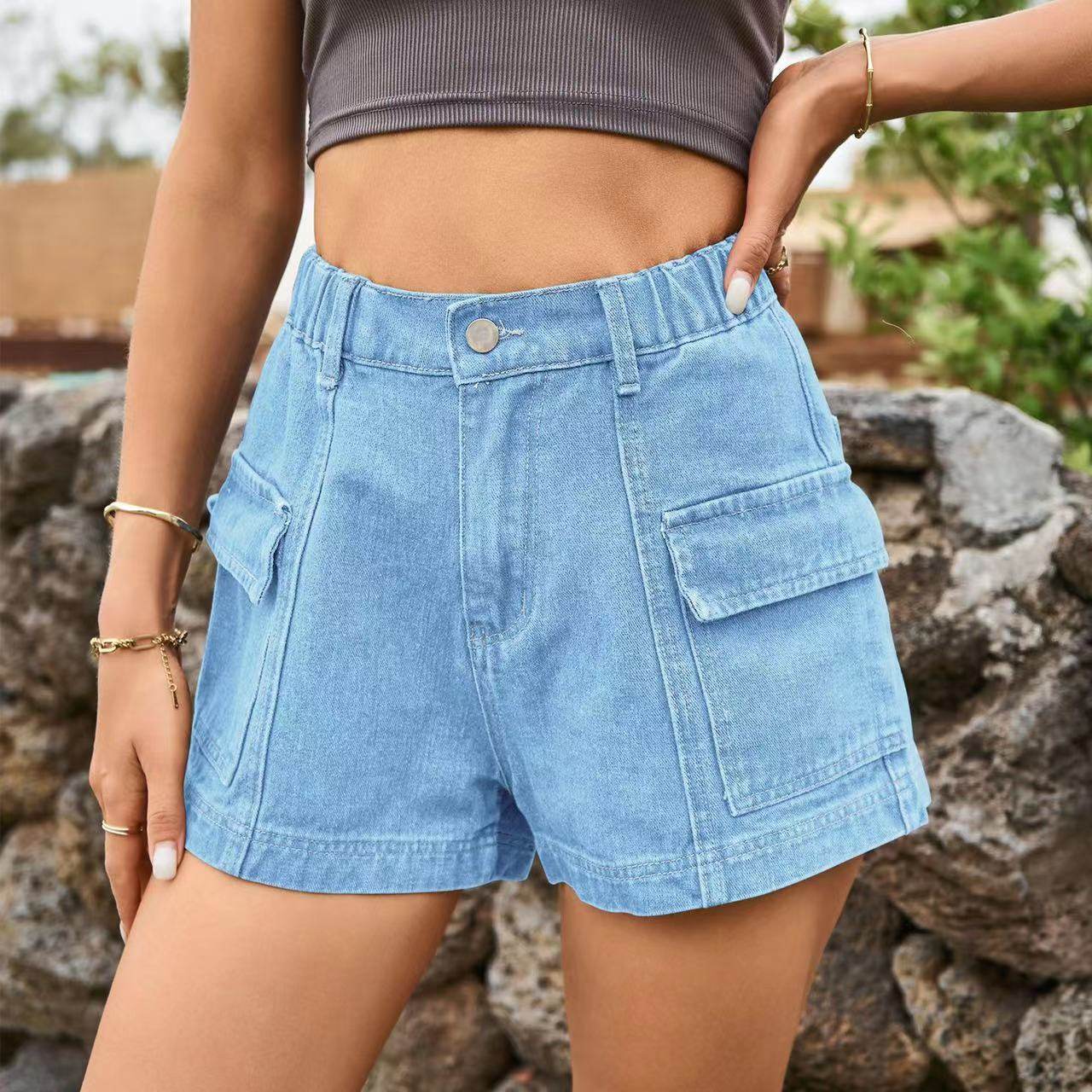 Women's Fashion Solid Color Denim Cargo Pants Shorts - MYLUXURY LANE ENTERPRISE