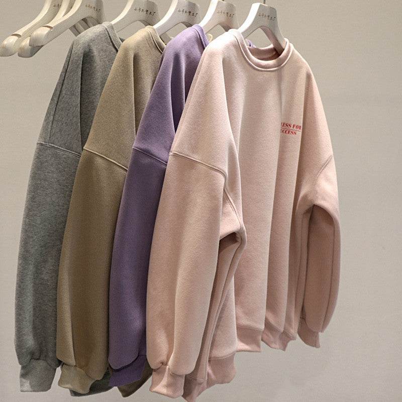 Fleece-lined Thick Lazy Round Neck Loose Sweatshirt Women - MYLUXURY LANE ENTERPRISE