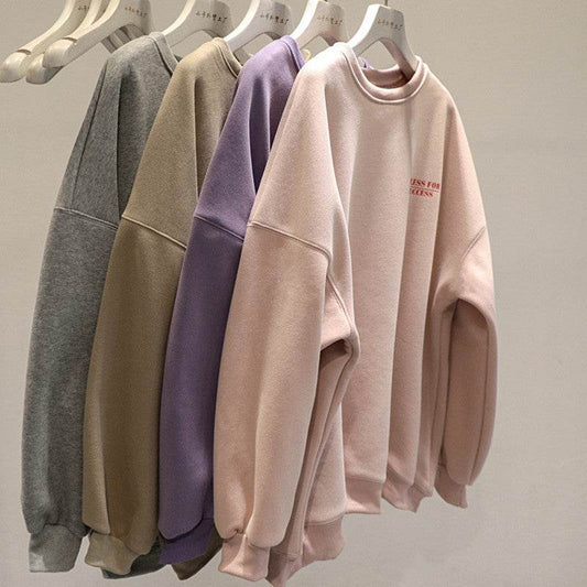 Fleece-lined Thick Lazy Round Neck Loose Sweatshirt Women - MYLUXURY LANE ENTERPRISE