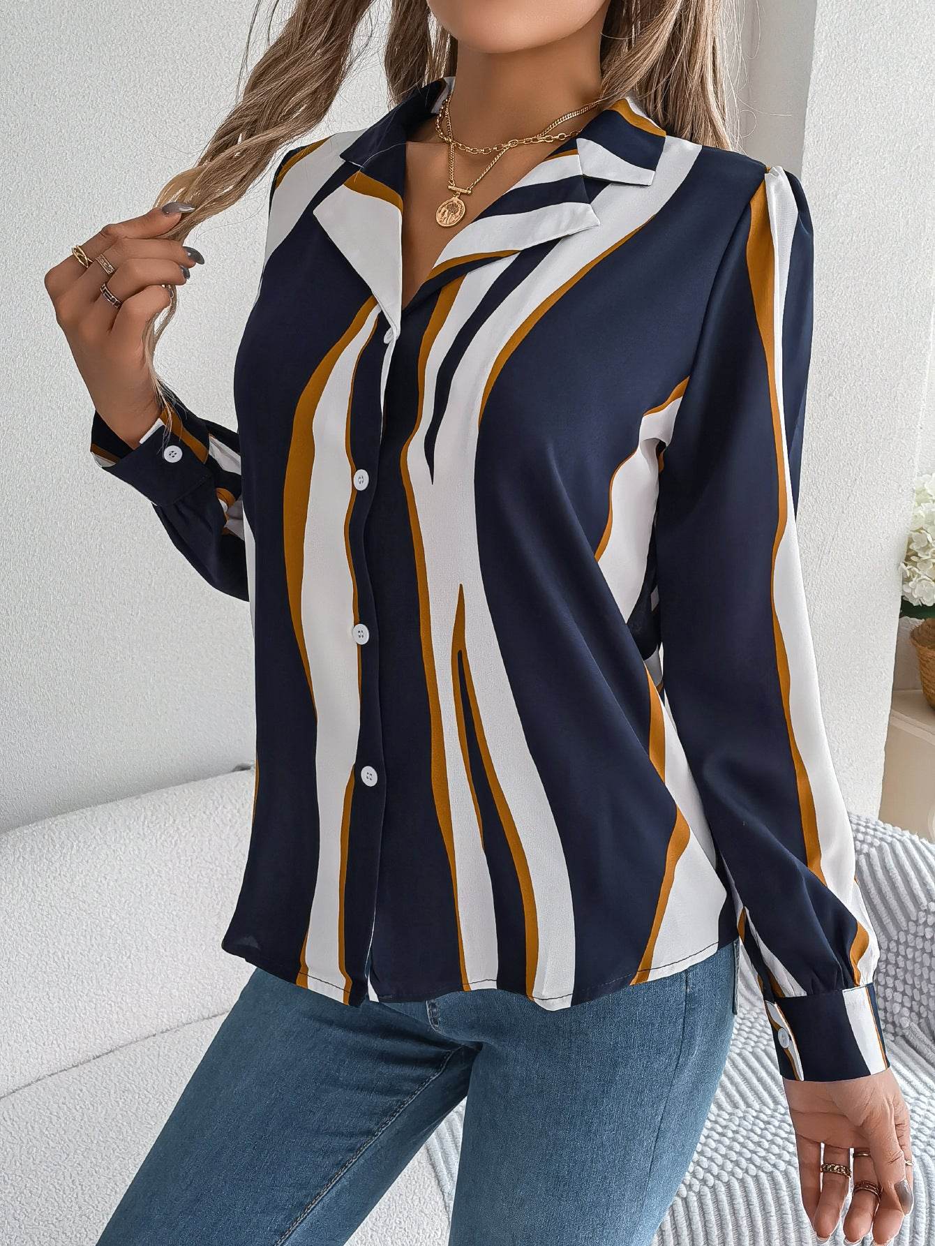 Casual Versatile Contrasting Striped Long Sleeved Shirt - MYLUXURY LANE ENTERPRISE