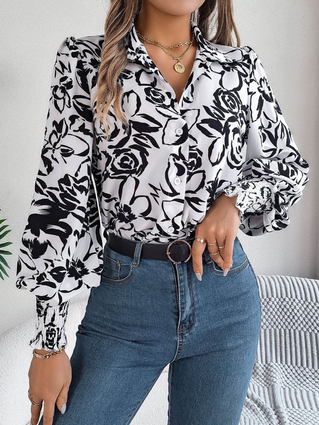 Elegant Contrast Color Flower Lantern Sleeve Lapel Shirt - MYLUXURY LANE ENTERPRISE