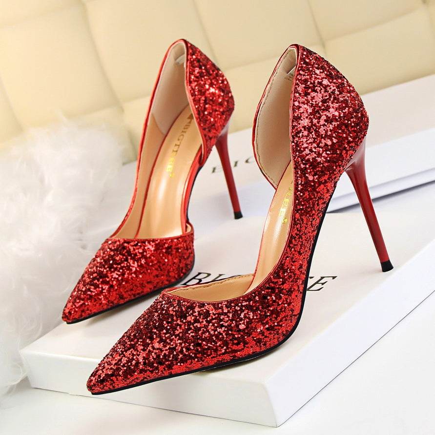Skinny Women's Shoes Stiletto Heel Shallow Mouth Pointed Side Hollow-out Sequin - MYLUXURY LANE ENTERPRISE