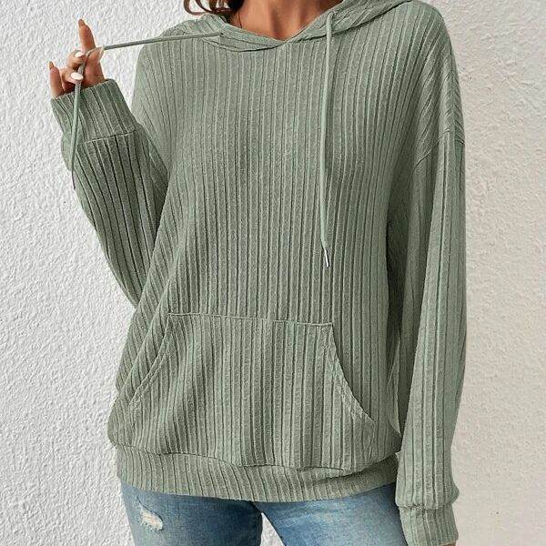Fashion Drawstring Long-sleeved Hooded Sweatshirt With Pockets Solid Sunken Stripe Hoodie Knitwear Womens Clothing - MYLUXURY LANE ENTERPRISE