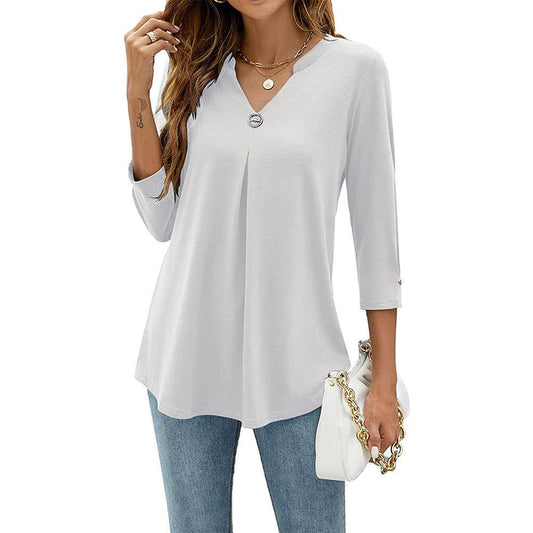 Women's V-neck Clinch Pleated T-shirt Top - MYLUXURY LANE ENTERPRISE
