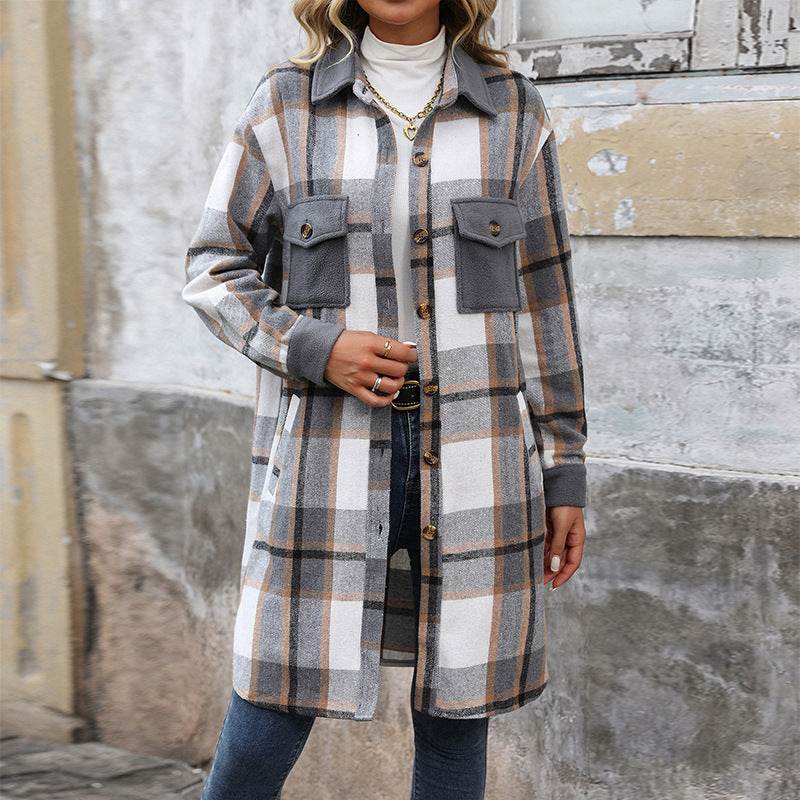 New Brushed Plaid Long Coat With Pockets Fashion Winter Jacket Outwear Women's Clothing - MYLUXURY LANE ENTERPRISE
