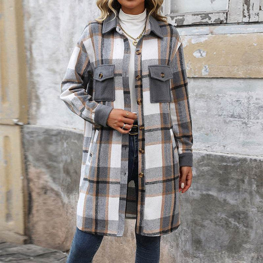 New Brushed Plaid Long Coat With Pockets Fashion Winter Jacket Outwear Women's Clothing - MYLUXURY LANE ENTERPRISE