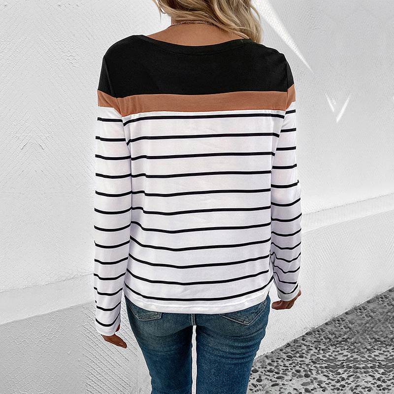 Leisure Top Pullover Patchwork Round Neck Long-sleeved Striped T-shirt - MYLUXURY LANE ENTERPRISE