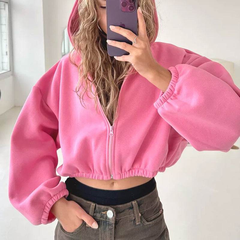 Casual Solid Color Hooded Short Jacket Y2K Fashion Sports Sweatshirt Long Sleeve Zip Up Cardigan Hoodies Women's Clothing - MYLUXURY LANE ENTERPRISE