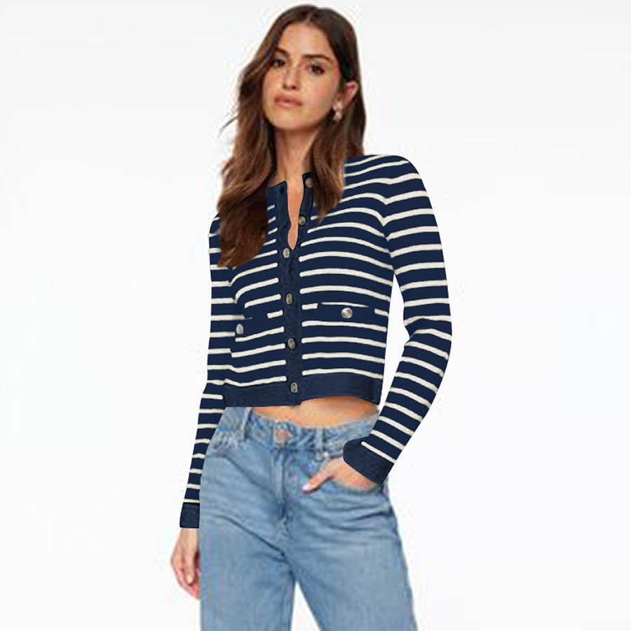 Comfort And Casual Long Sleeve Striped Button Top - MYLUXURY LANE ENTERPRISE