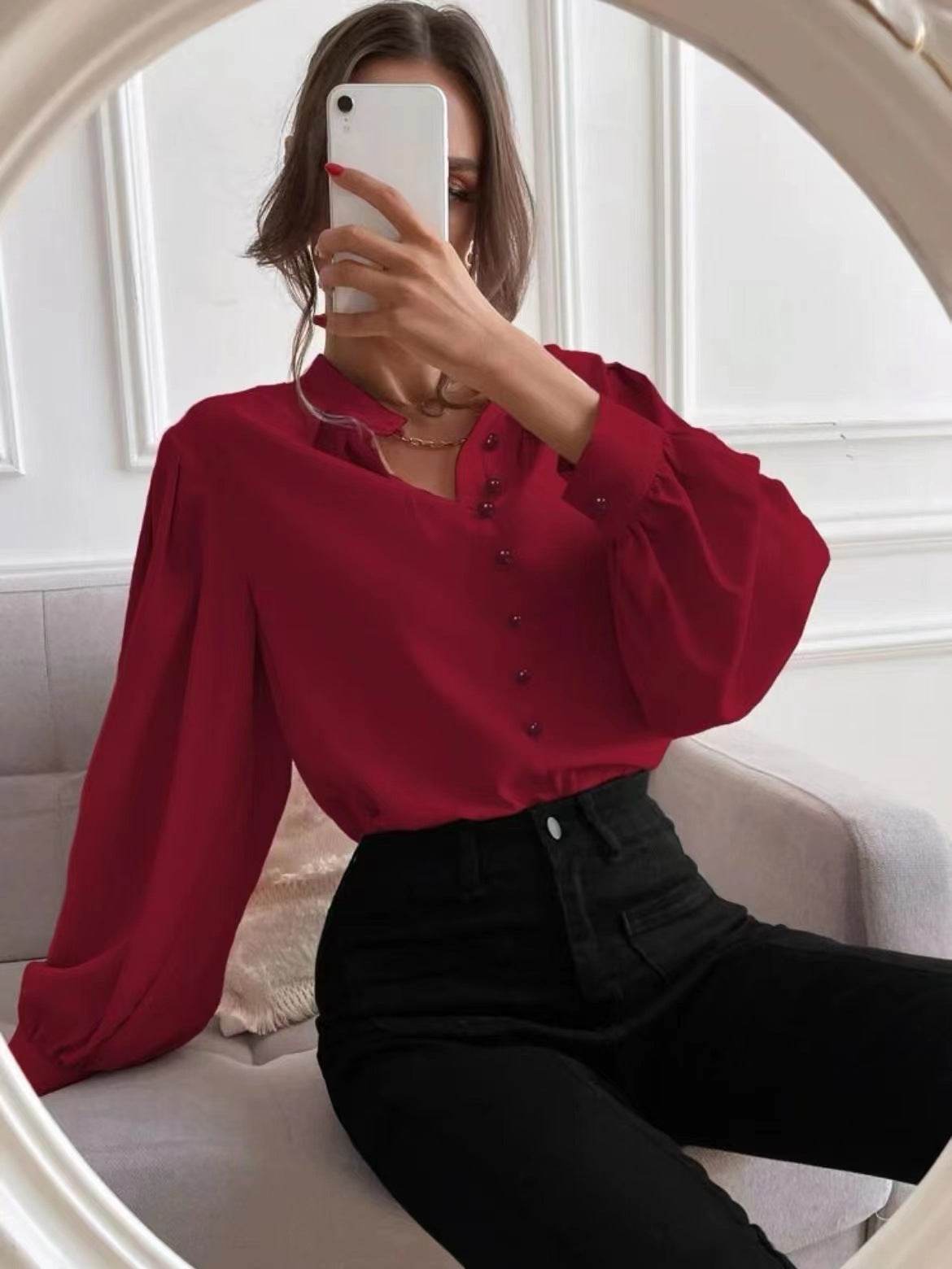 Commute Style Solid Color Round Neck Long Sleeve Single-breasted Women's Shirt - MYLUXURY LANE ENTERPRISE
