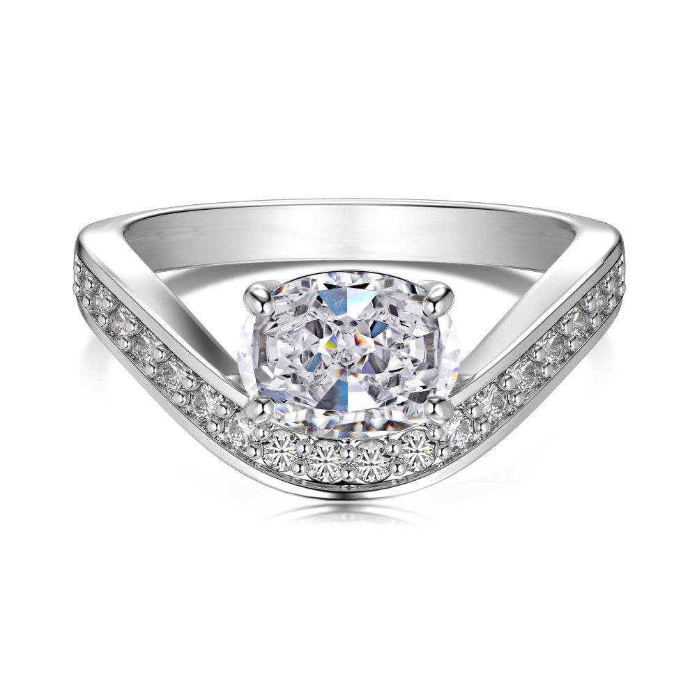 Silver S925 White Denier Oval White Round Zirconium Gang Drill V Line Fashion Minority Design Ring - MYLUXURY LANE ENTERPRISE