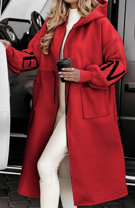 Hooded Windbreaker Long Jacket With Pockets And Drawstring Design Solid Color Knit-Sleeved Trench Coat For Women Clothing Fall Winter - MYLUXURY LANE ENTERPRISE