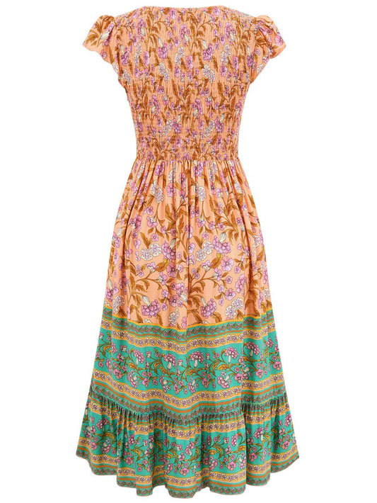 New Flowers Print V-neck Dress Summer Casual Ruffle Sleeveless Dresses Bohemian Holiday Beach Dress For Womens Clothing - MYLUXURY LANE ENTERPRISE