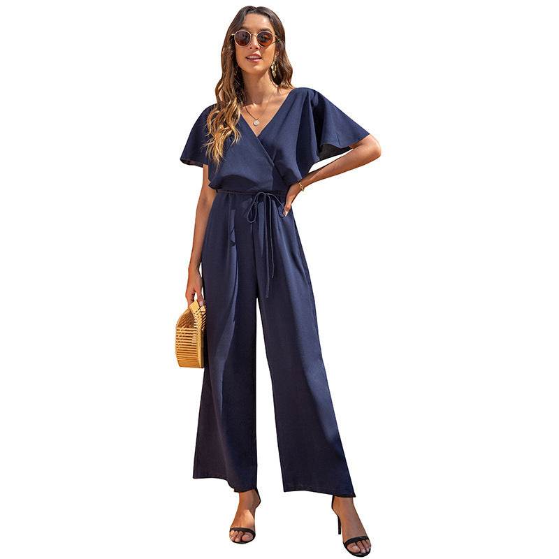 Women's V-neck Fashion Temperament Casual High Waist Loose Jumpsuit - MYLUXURY LANE ENTERPRISE