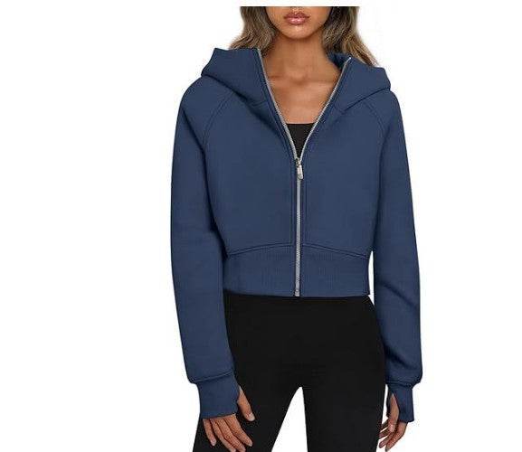 Women's Hooded Zipper Short Velvet Long Sleeve Sweatshirt - MYLUXURY LANE ENTERPRISE