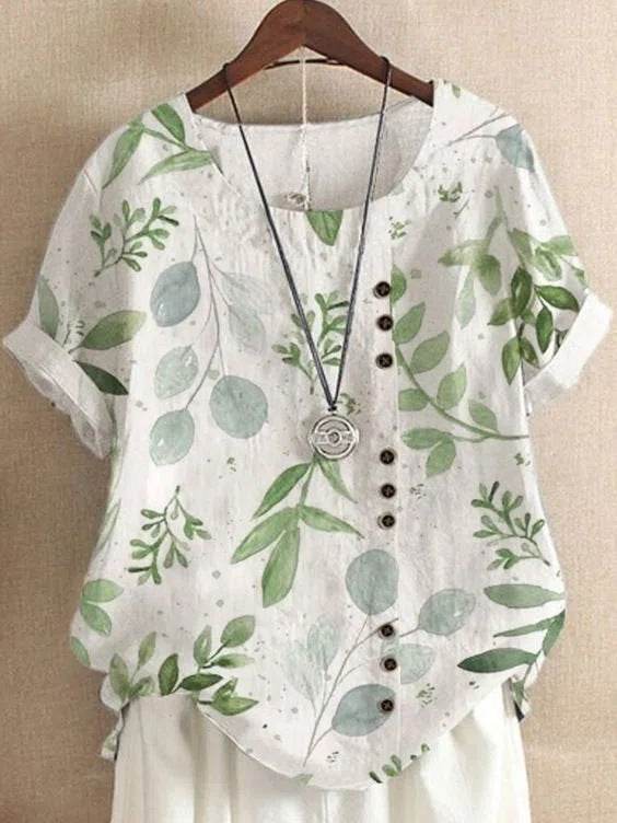 Retro Cotton And Linen Printed Loose Casual Shirt Short-sleeved T-shirt For Women - MYLUXURY LANE ENTERPRISE