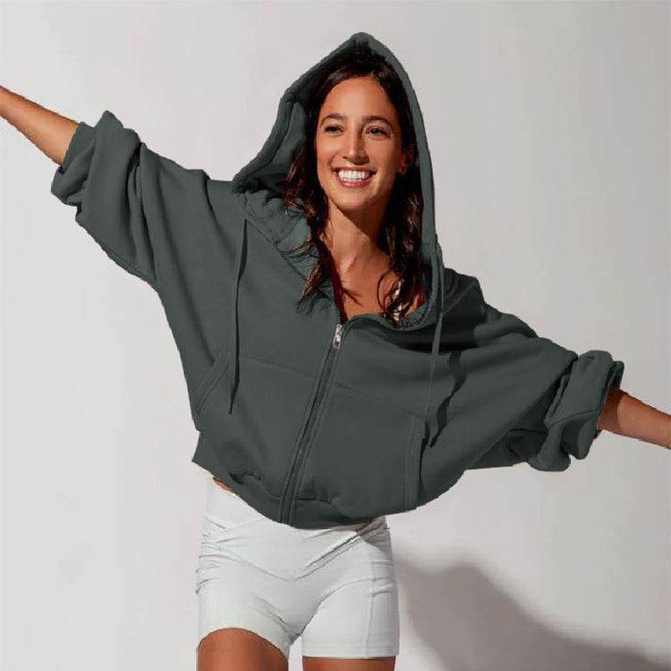 Zipper Hoodies Sports Jacket Fashion Loose Hooded Sweatshirt Casual Solid Women's Clothing - MYLUXURY LANE ENTERPRISE