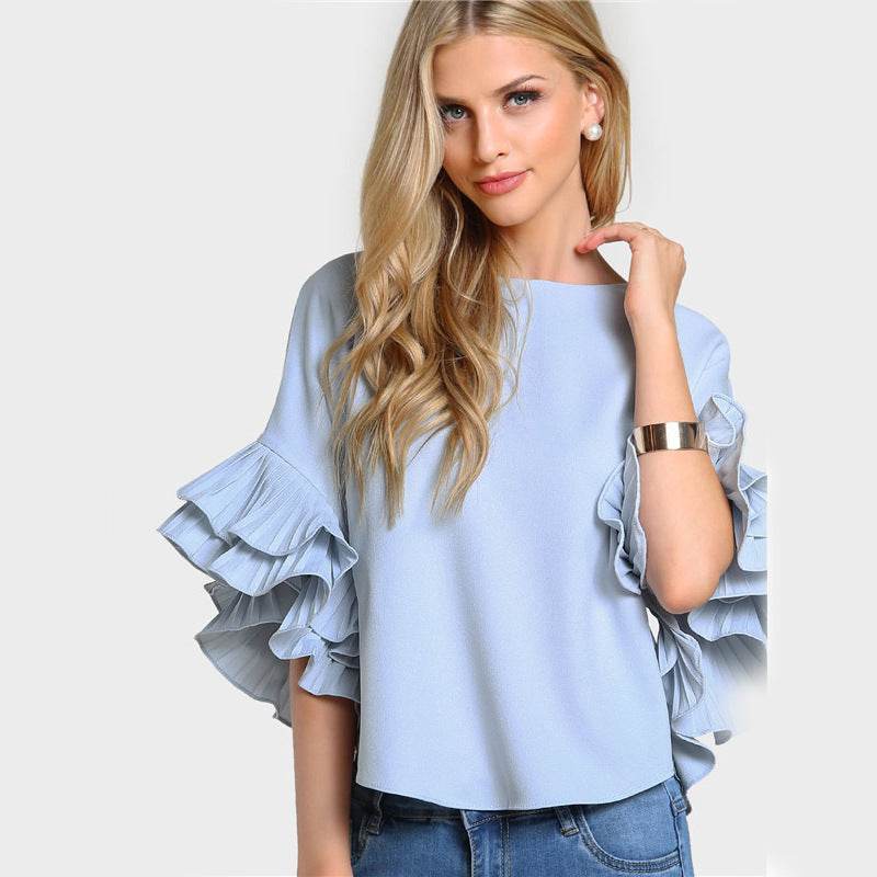 Ladies T-shirt Round Neck Lotus Leaf Double Layer Bell Sleeve Short Chic Top - MYLUXURY LANE ENTERPRISE