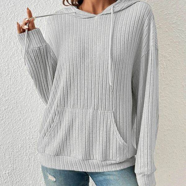 Fashion Drawstring Long-sleeved Hooded Sweatshirt With Pockets Solid Sunken Stripe Hoodie Knitwear Womens Clothing - MYLUXURY LANE ENTERPRISE