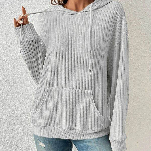 Fashion Drawstring Long-sleeved Hooded Sweatshirt With Pockets Solid Sunken Stripe Hoodie Knitwear Womens Clothing - MYLUXURY LANE ENTERPRISE