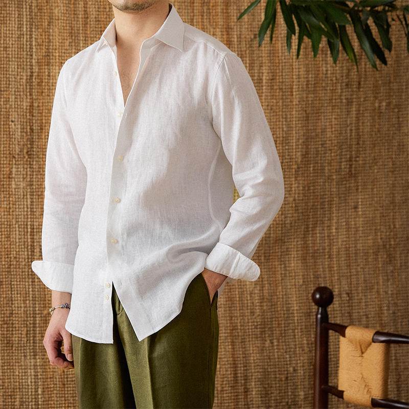 White For Men Linen Italian Long Sleeve Casual Shirt - MYLUXURY LANE ENTERPRISE
