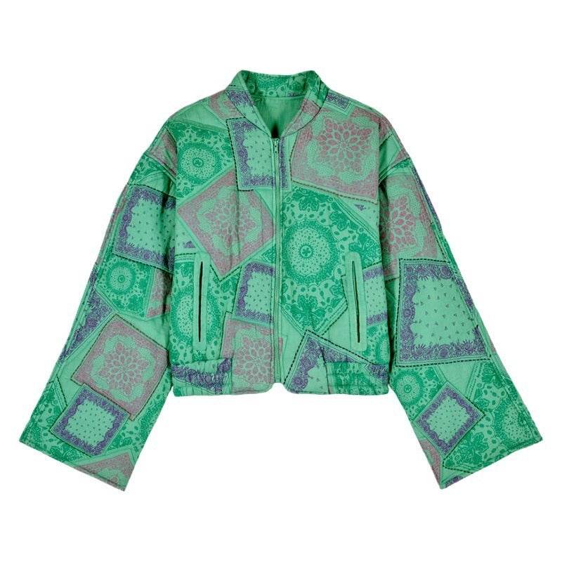 Round Neck Long Sleeve Printed Short Zipped Cotton-padded Jacket - MYLUXURY LANE ENTERPRISE