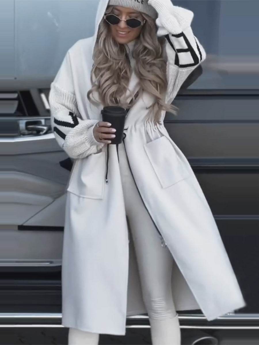 Hooded Windbreaker Long Jacket With Pockets And Drawstring Design Solid Color Knit-Sleeved Trench Coat For Women Clothing Fall Winter - MYLUXURY LANE ENTERPRISE