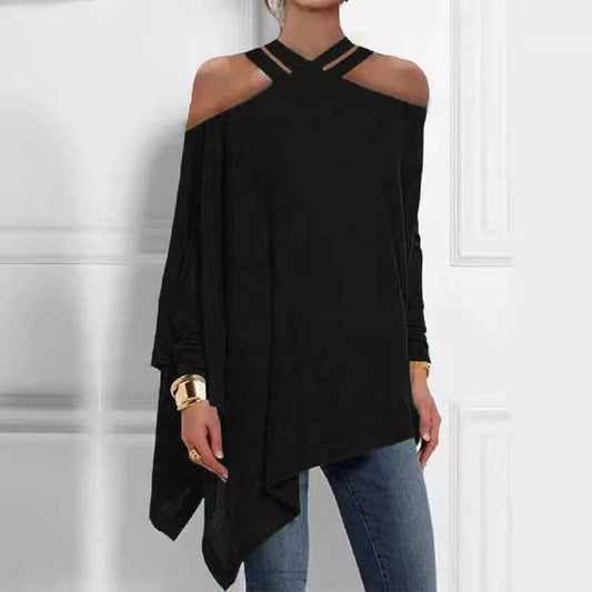 Loose Asymmetry Hollow Solid Color Cold Shoulder Shirt Top - MYLUXURY LANE ENTERPRISE
