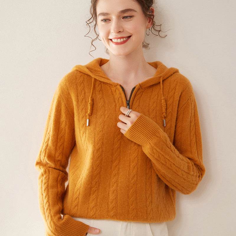 Cashmere Sweater Women's Hooded Twist Half-open Collar Sweater - MYLUXURY LANE ENTERPRISE