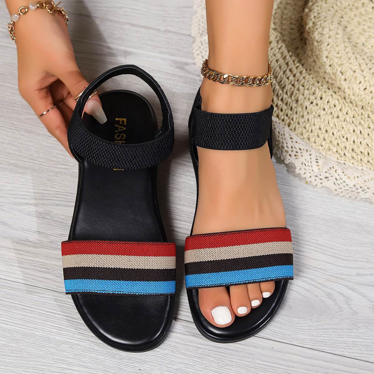 Fashion Color-block Elastic Sandals Summer Fashion Fish Mouth Flat Shoes For Women - MYLUXURY LANE ENTERPRISE