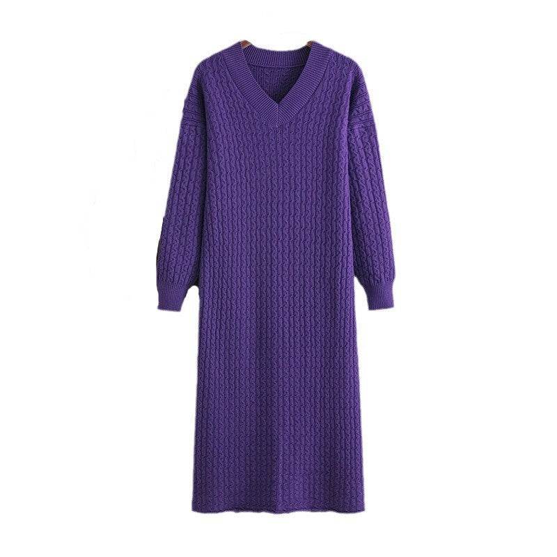 Knitting Dress V-neck Twist Bottoming Sweater Skirt Slit In The Back - MYLUXURY LANE ENTERPRISE