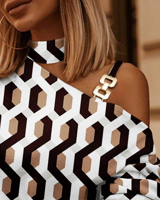 Long Sleeved Chain Neckline Printed Button Decoration Top - MYLUXURY LANE ENTERPRISE