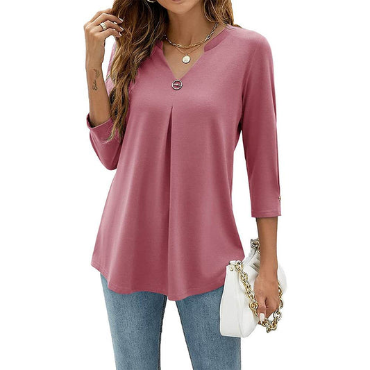 Women's V-neck Clinch Pleated T-shirt Top - MYLUXURY LANE ENTERPRISE