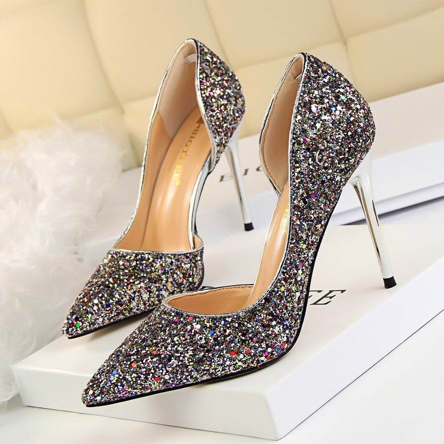 Skinny Women's Shoes Stiletto Heel Shallow Mouth Pointed Side Hollow-out Sequin - MYLUXURY LANE ENTERPRISE