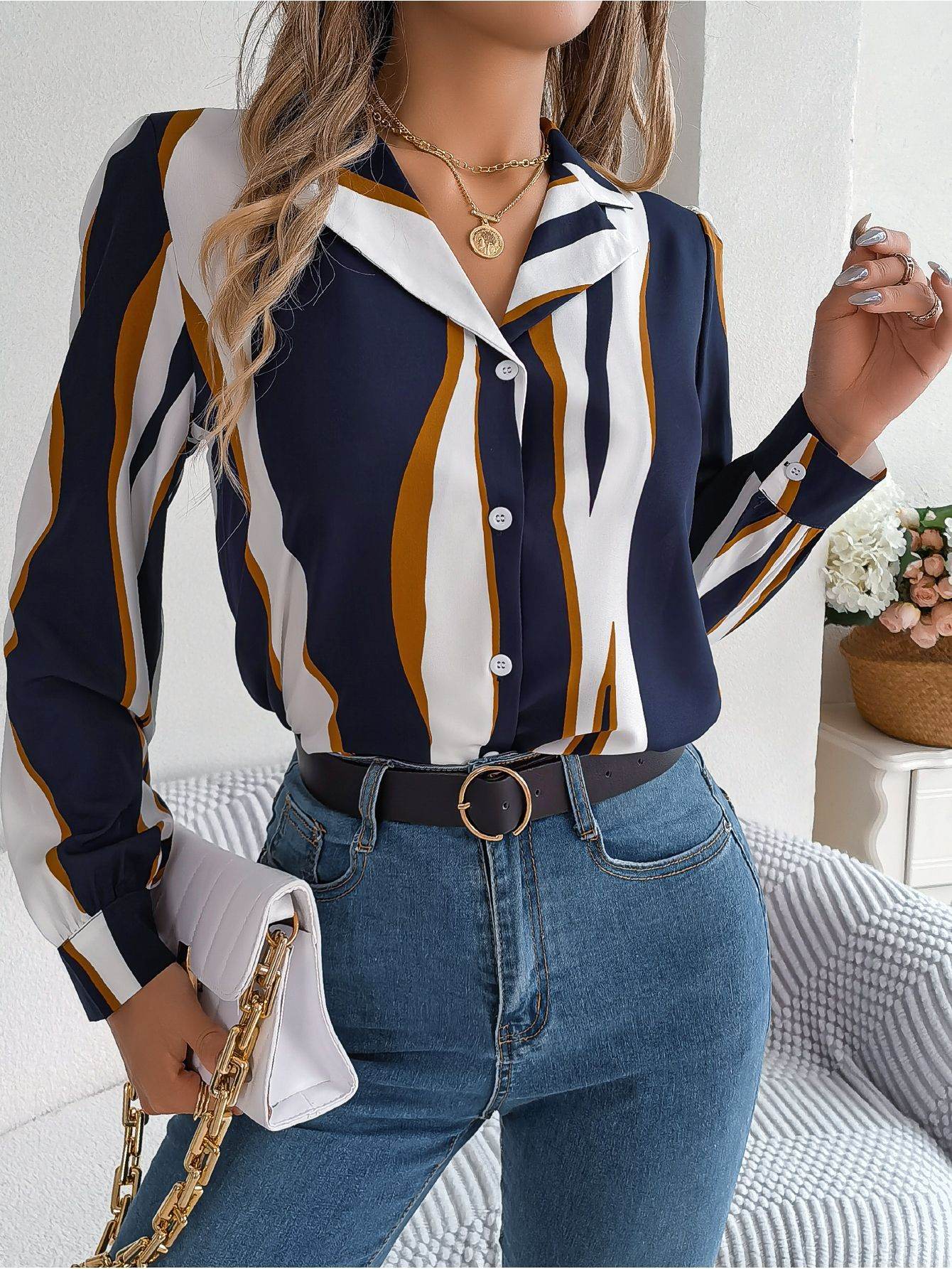 Casual Versatile Contrasting Striped Long Sleeved Shirt - MYLUXURY LANE ENTERPRISE