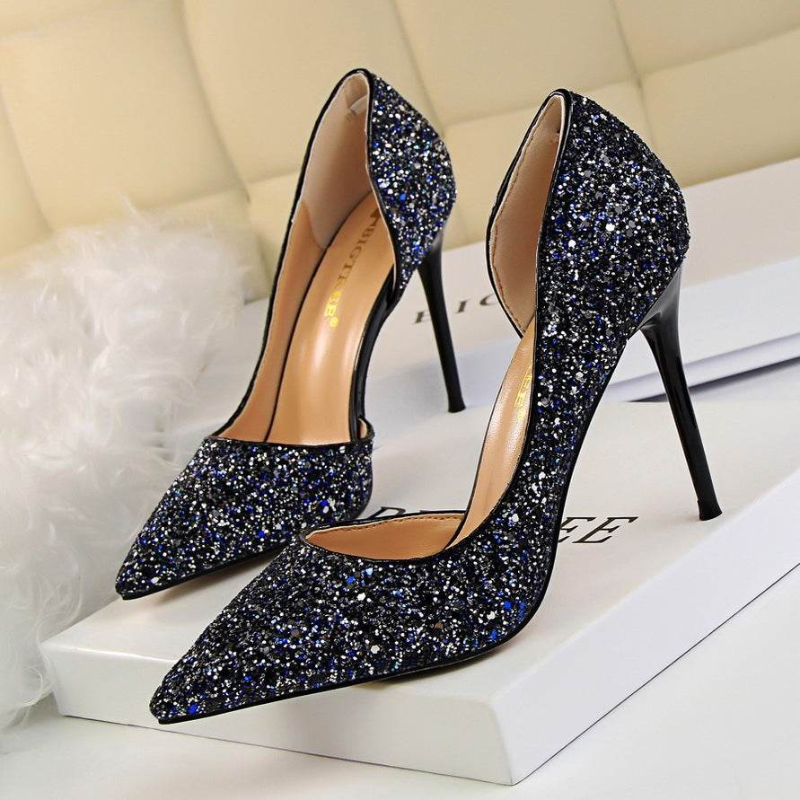 Skinny Women's Shoes Stiletto Heel Shallow Mouth Pointed Side Hollow-out Sequin - MYLUXURY LANE ENTERPRISE