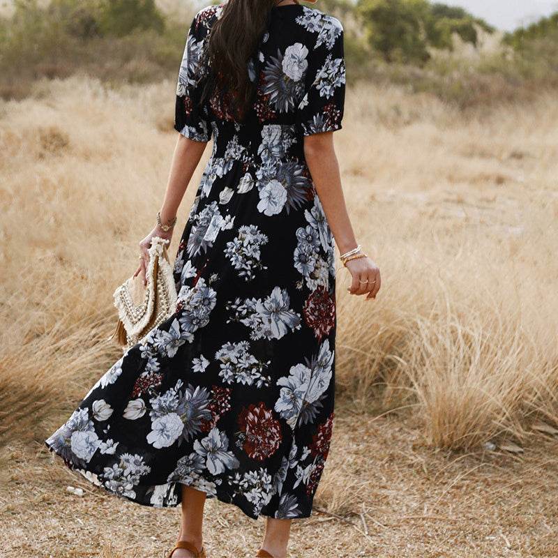 Floral Summer Beach Dress With V Neck Elastic Waist Dresses For Women - MYLUXURY LANE ENTERPRISE