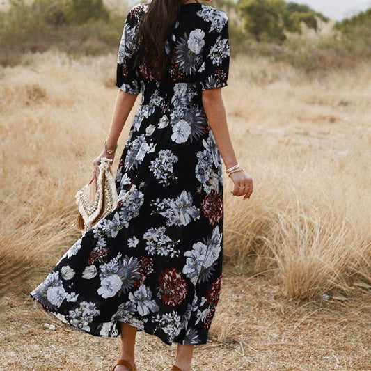 Floral Summer Beach Dress With V Neck Elastic Waist Dresses For Women - MYLUXURY LANE ENTERPRISE