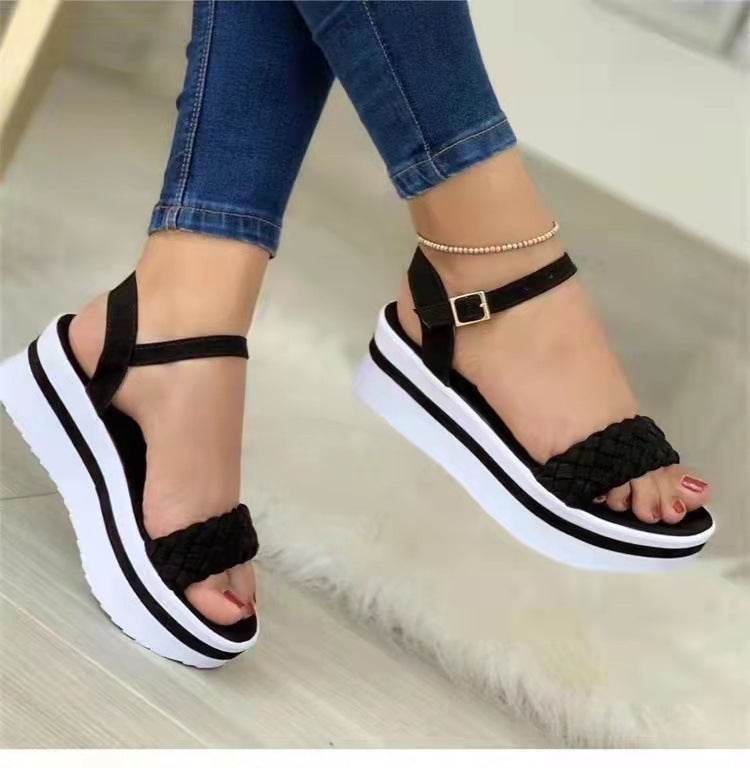 Weave Style Sandals Thick-bottomed Braided One Word Buckle Strap Shoes Women - MYLUXURY LANE ENTERPRISE
