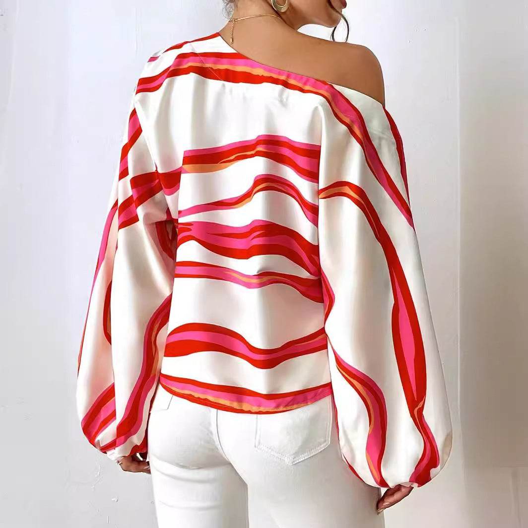 Off-neck Printed Loose-fitting Women's Shirt - MYLUXURY LANE ENTERPRISE