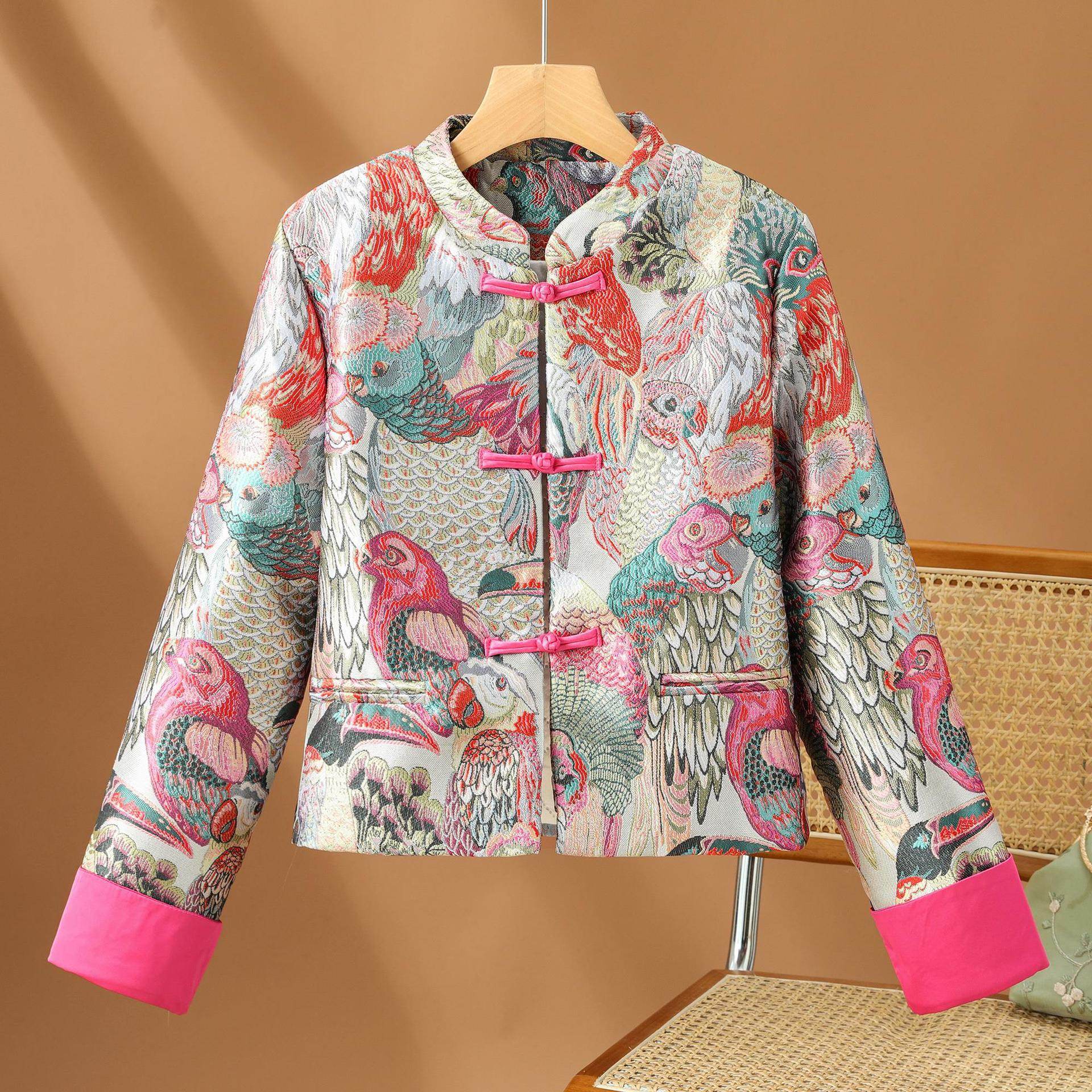For The Sake Of Beauty Jacquard Buckle Round Neck Vintage Coat - MYLUXURY LANE ENTERPRISE