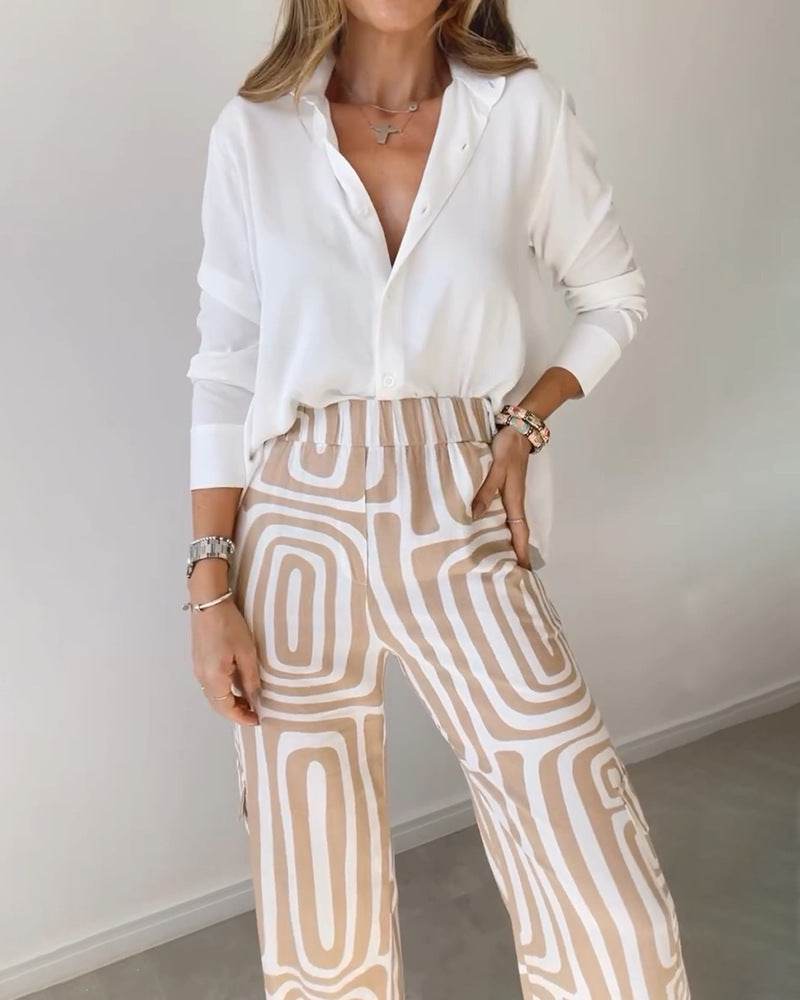 Women's Casual Long-sleeved Lapel Shirt Printed Wide-leg Pants Suit - MYLUXURY LANE ENTERPRISE