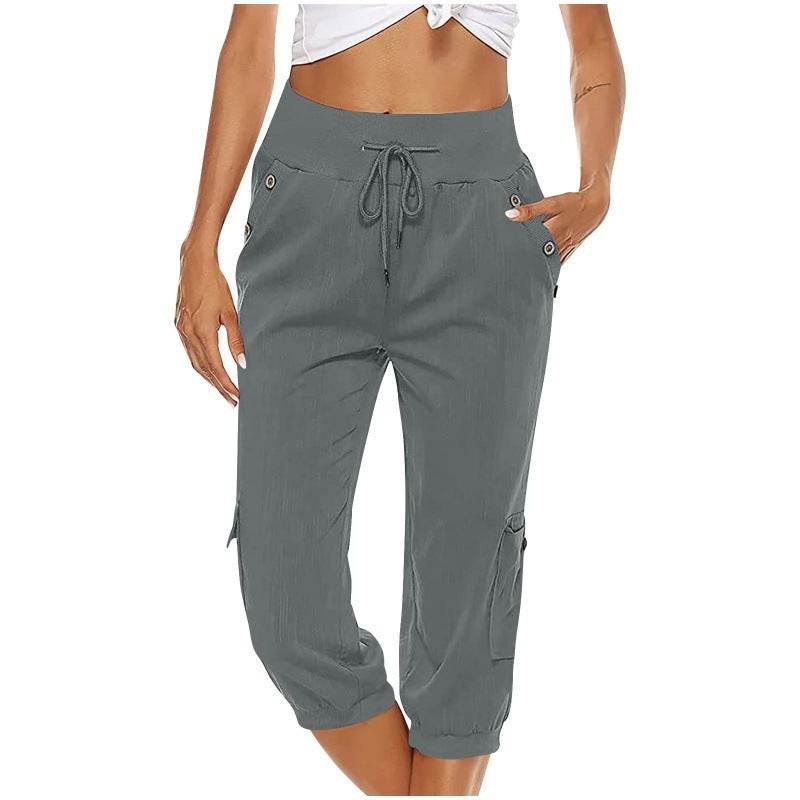 Women's Cropped Pants Cotton Linen Cargo Pocket Casual Pants - MYLUXURY LANE ENTERPRISE