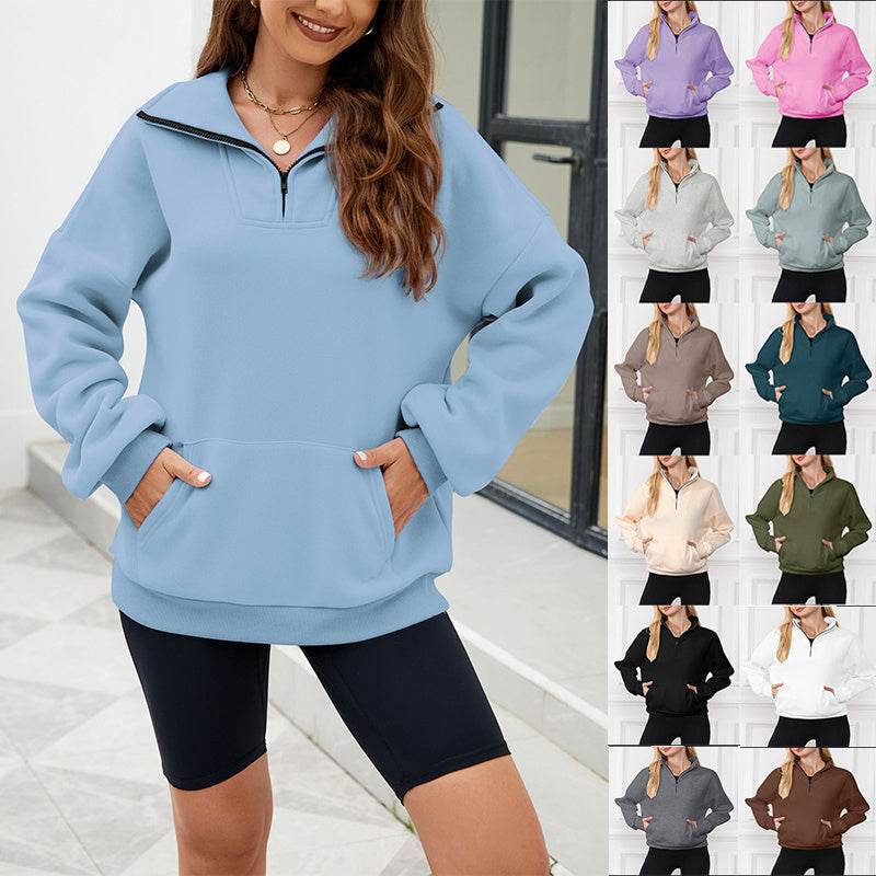 Y2K Solid Color Stand Collar With Pocket Zipper Sweatshirt Casual Sports Loose Top Women's Clothing - MYLUXURY LANE ENTERPRISE