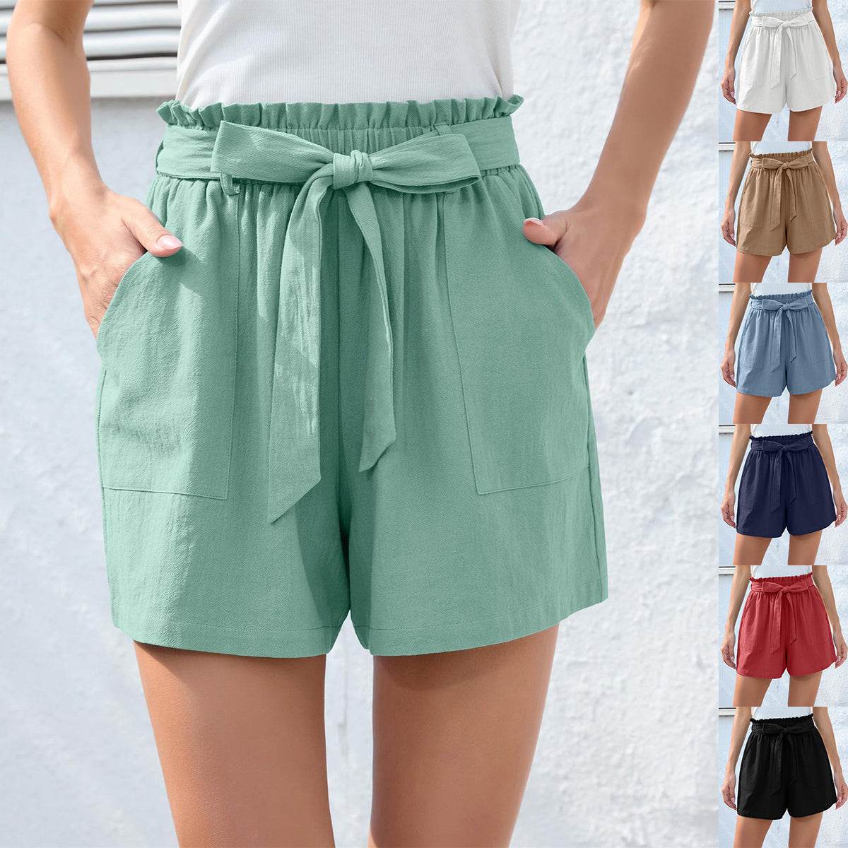 Fashion Ruffle Bow Waist Tie Shorts Summer Beach Pants With Pockets Womens Clothing - MYLUXURY LANE ENTERPRISE