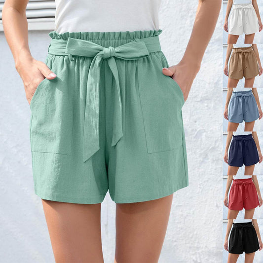 Fashion Ruffle Bow Waist Tie Shorts Summer Beach Pants With Pockets Womens Clothing - MYLUXURY LANE ENTERPRISE