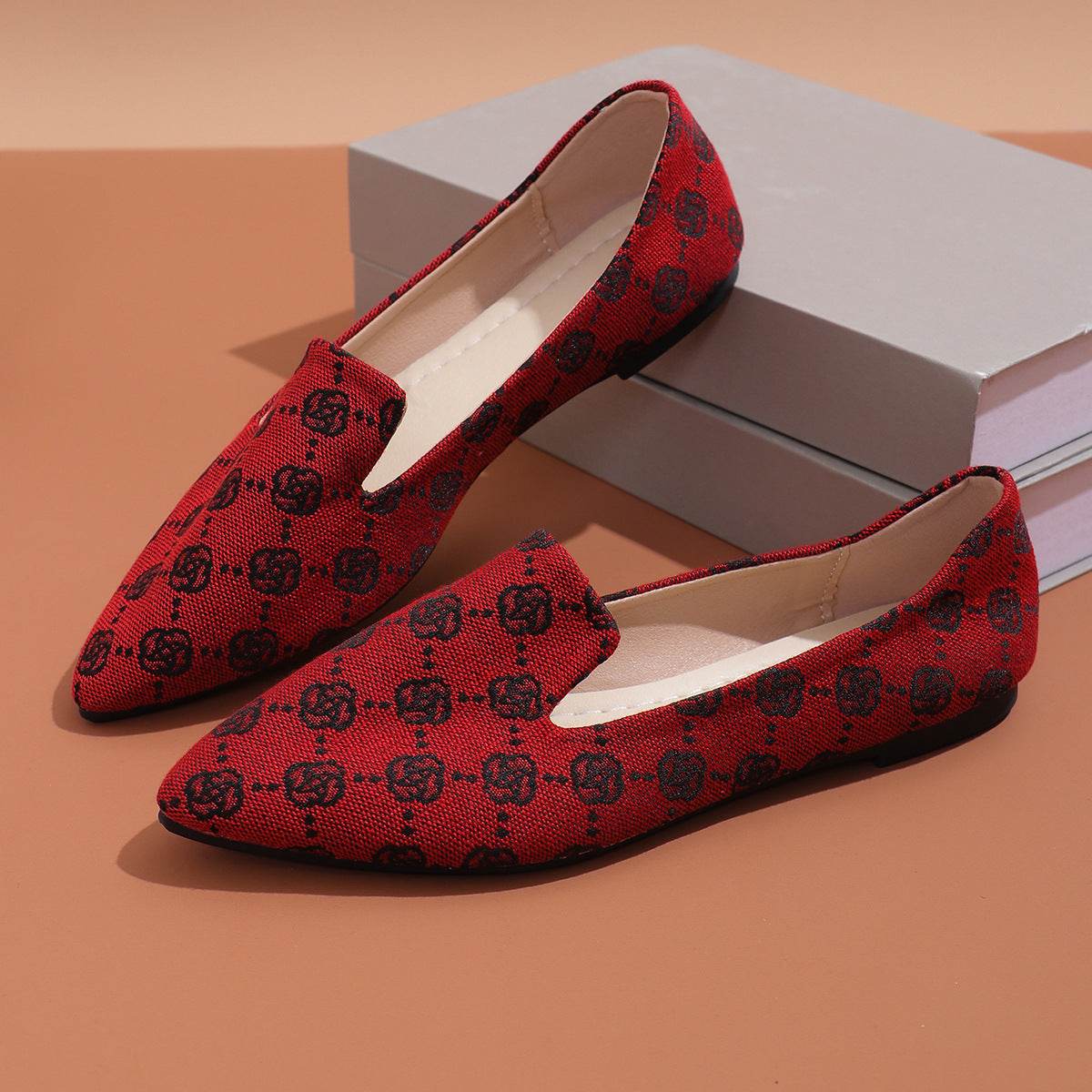 Rose Print Flats Shoes Fashion Casual Pointed Toe Canvas Loafers Lazy Shoes For Women - MYLUXURY LANE ENTERPRISE