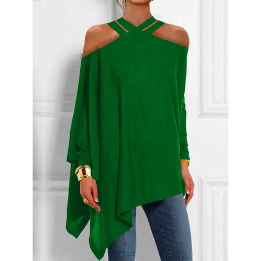 Loose Asymmetry Hollow Solid Color Cold Shoulder Shirt Top - MYLUXURY LANE ENTERPRISE