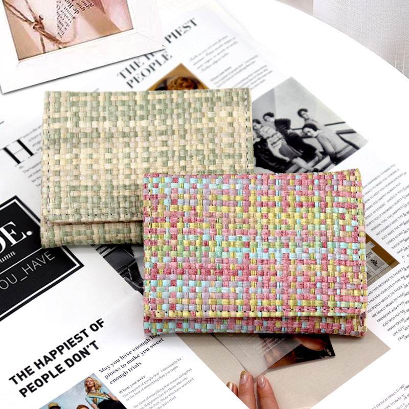 New Straw PU Folding Wallet Women's Mini Ultra-thin Fashion All-matching - MYLUXURY LANE ENTERPRISE