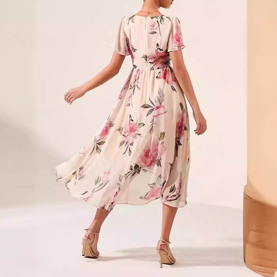 V-neck Mid-length Slim-fit Printed Dress - MYLUXURY LANE ENTERPRISE